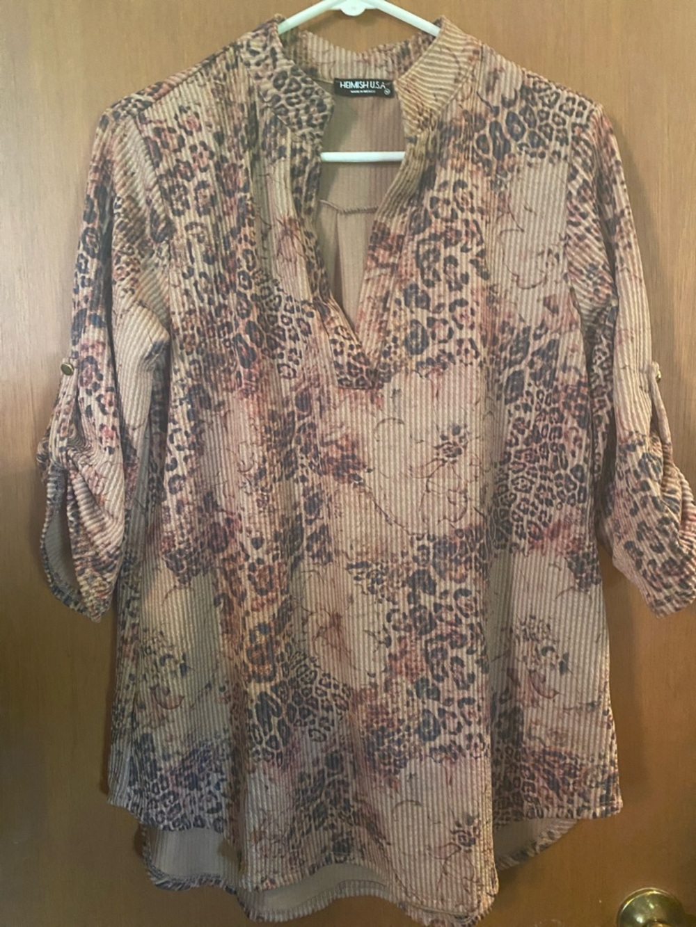 Heimish Tan Floral-Leopard Print Tunic with Roll-Tab Sleeves
